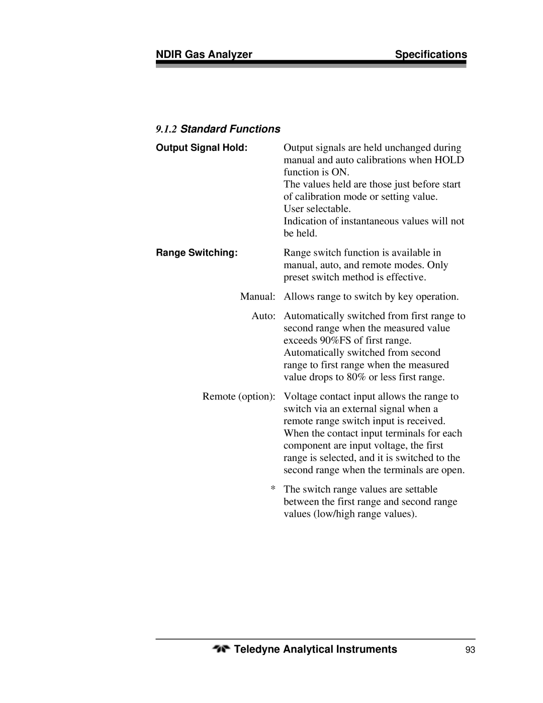 Teledyne 7500ZA operating instructions Standard Functions 