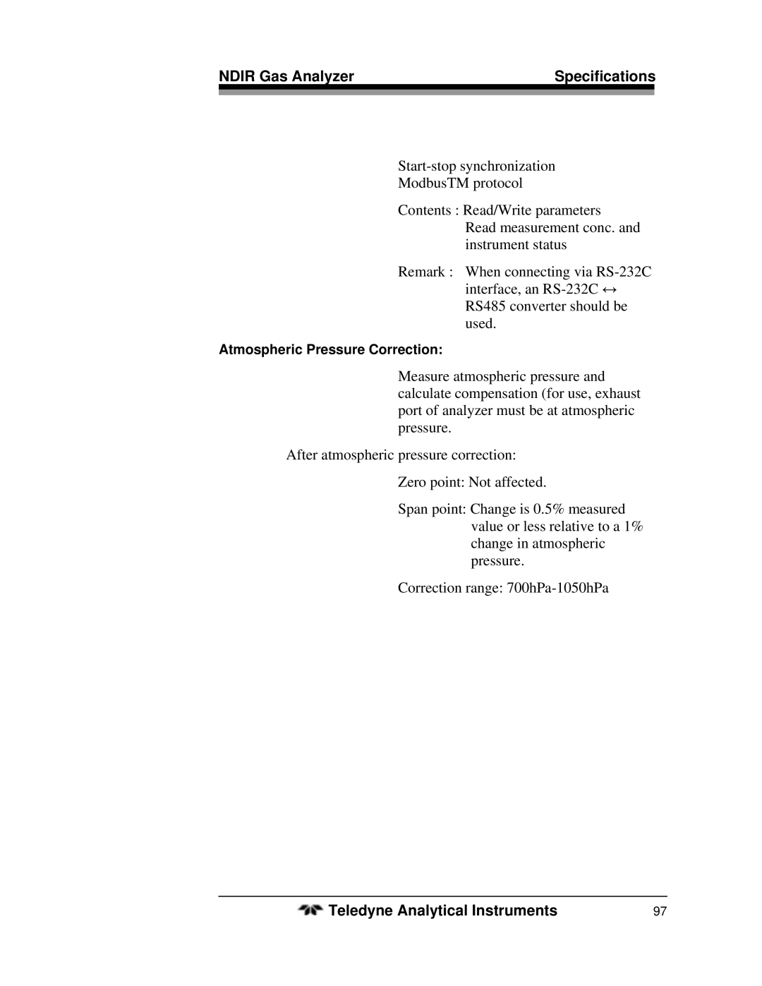 Teledyne 7500ZA operating instructions Atmospheric Pressure Correction 