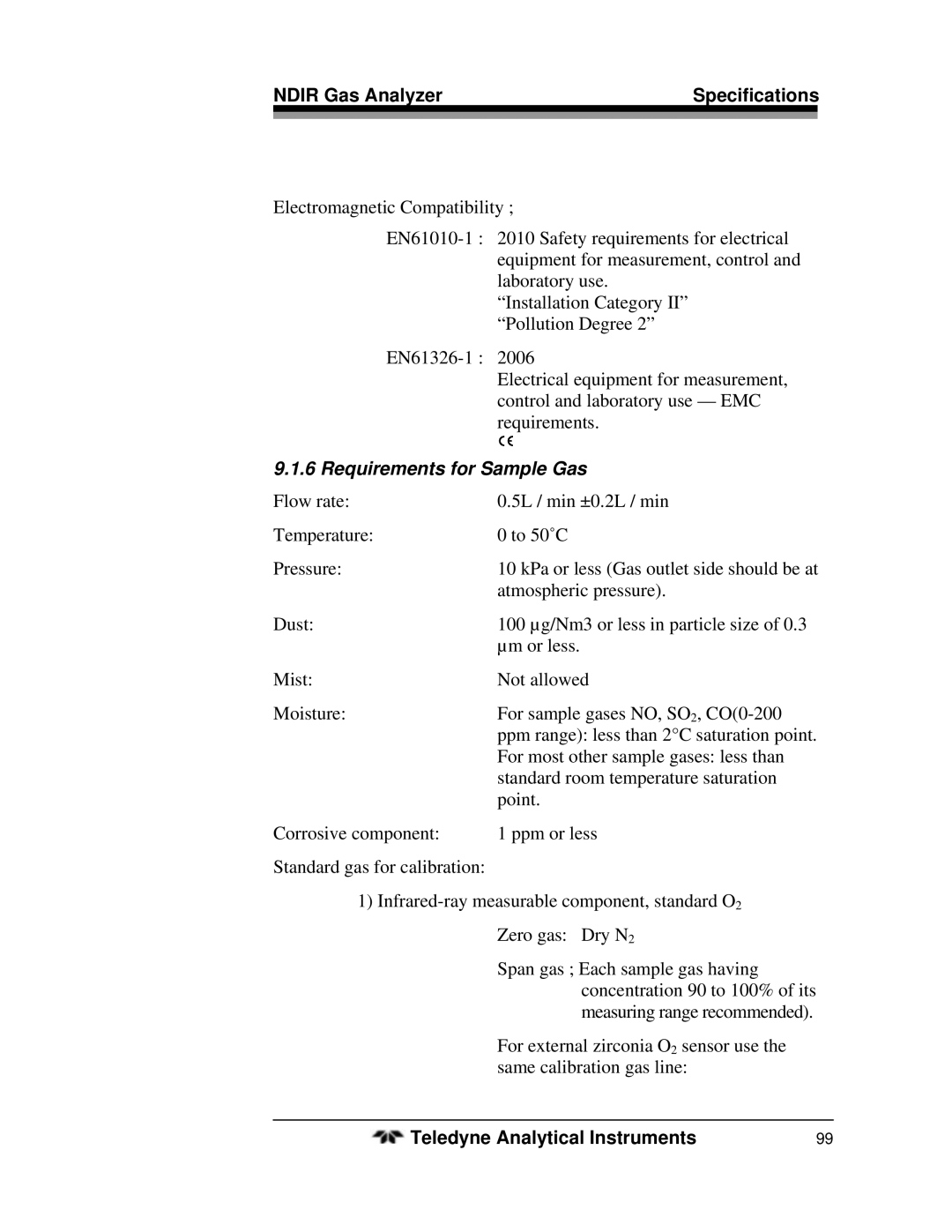 Teledyne 7500ZA operating instructions Requirements for Sample Gas 