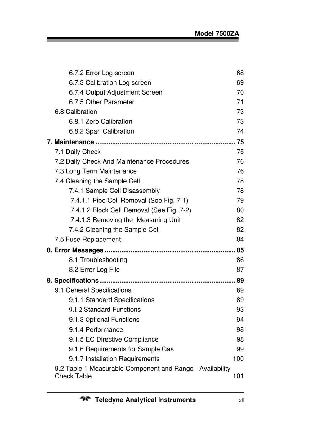 Teledyne 7500ZA operating instructions Maintenance, Error Messages, Specifications 