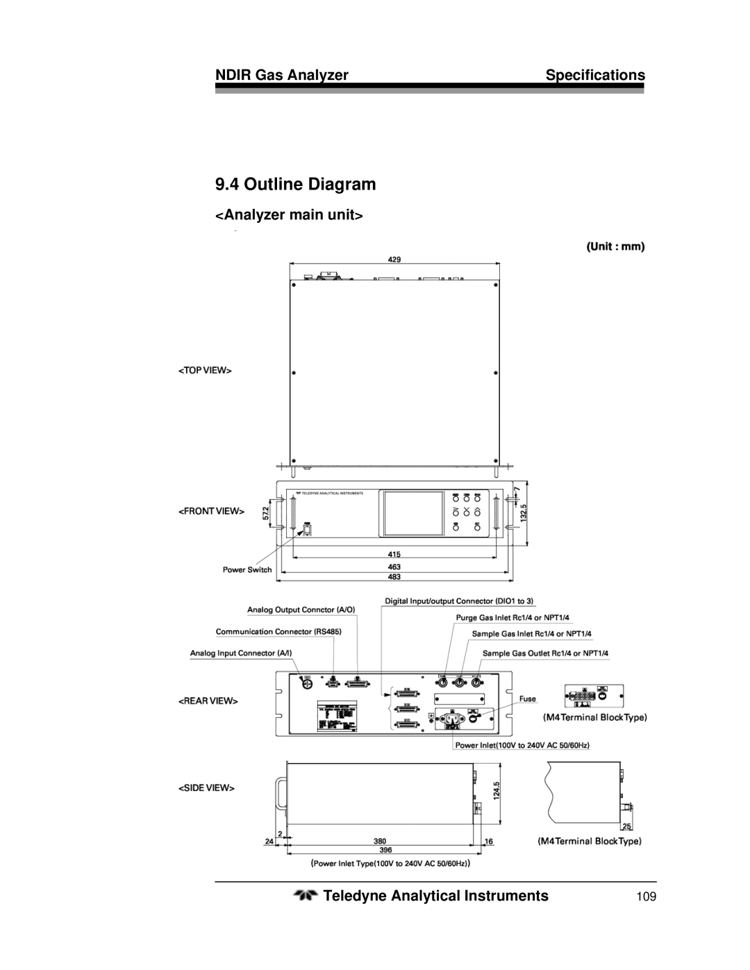 Teledyne 7500ZA operating instructions Outline Diagram, Analyzer main unit Teledyne Analytical Instruments 