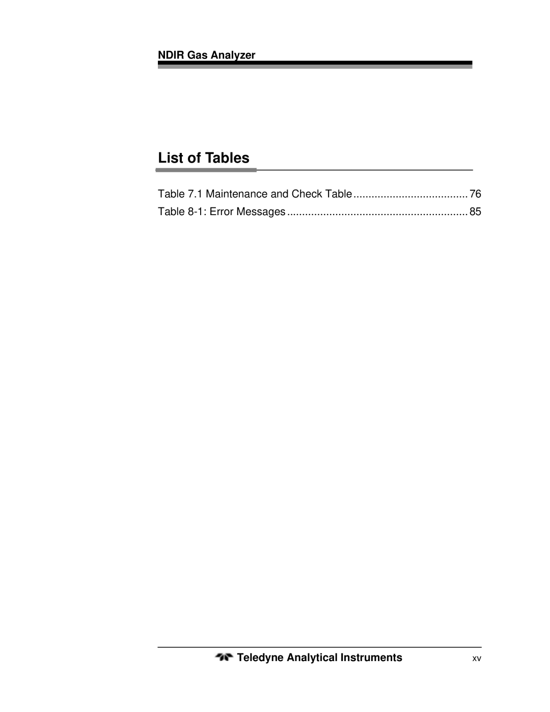 Teledyne 7500ZA operating instructions List of Tables 