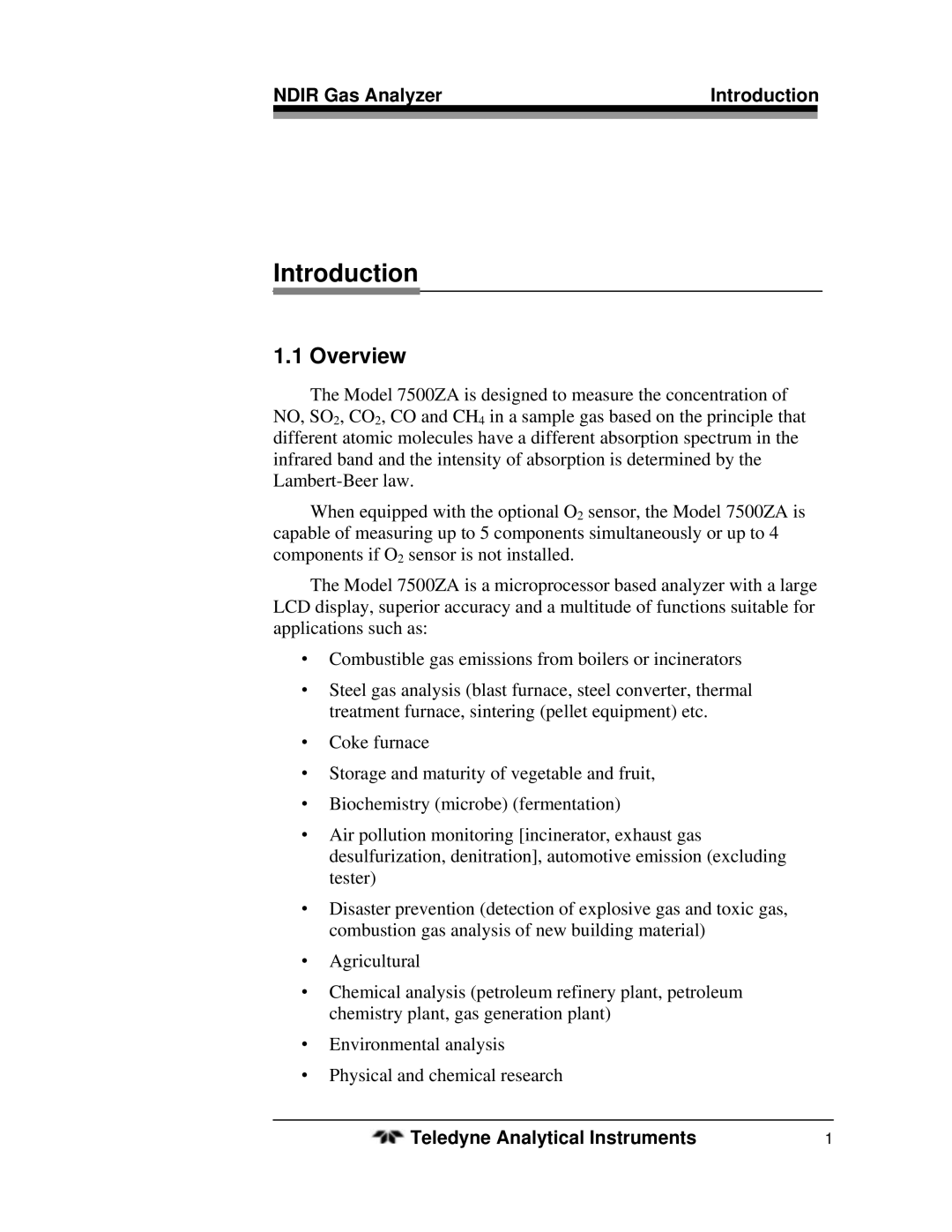 Teledyne 7500ZA operating instructions Overview, Ndir Gas Analyzer Introduction 