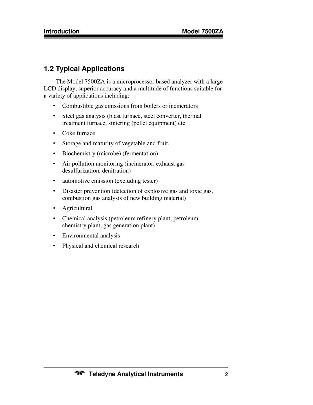 Teledyne operating instructions Typical Applications, Introduction Model 7500ZA 