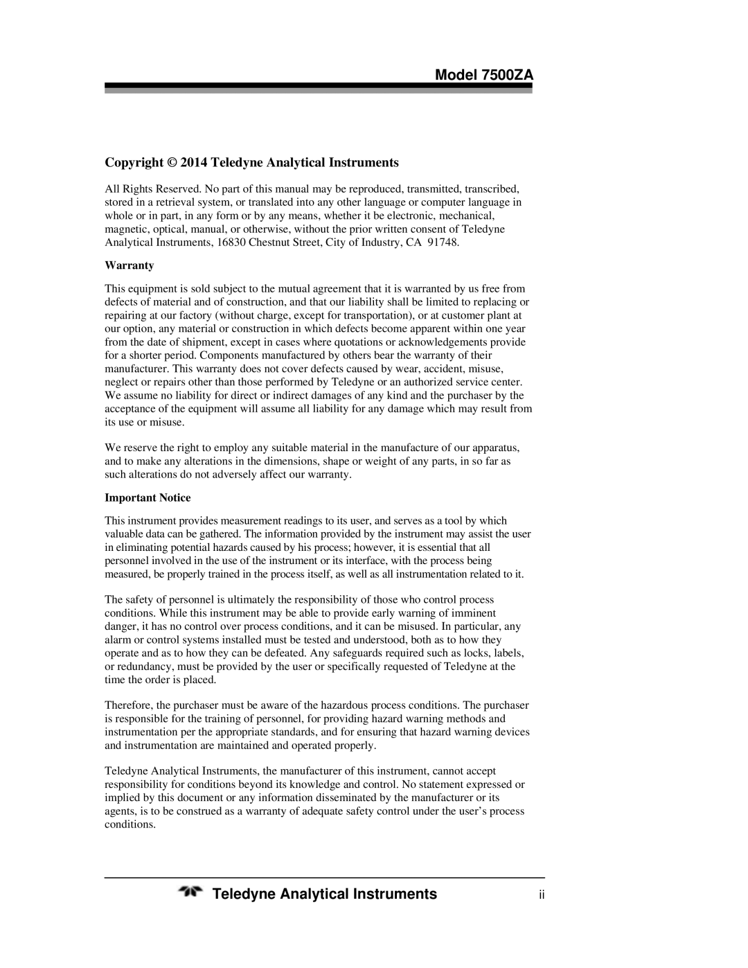 Teledyne operating instructions Model 7500ZA, Copyright 2014 Teledyne Analytical Instruments 