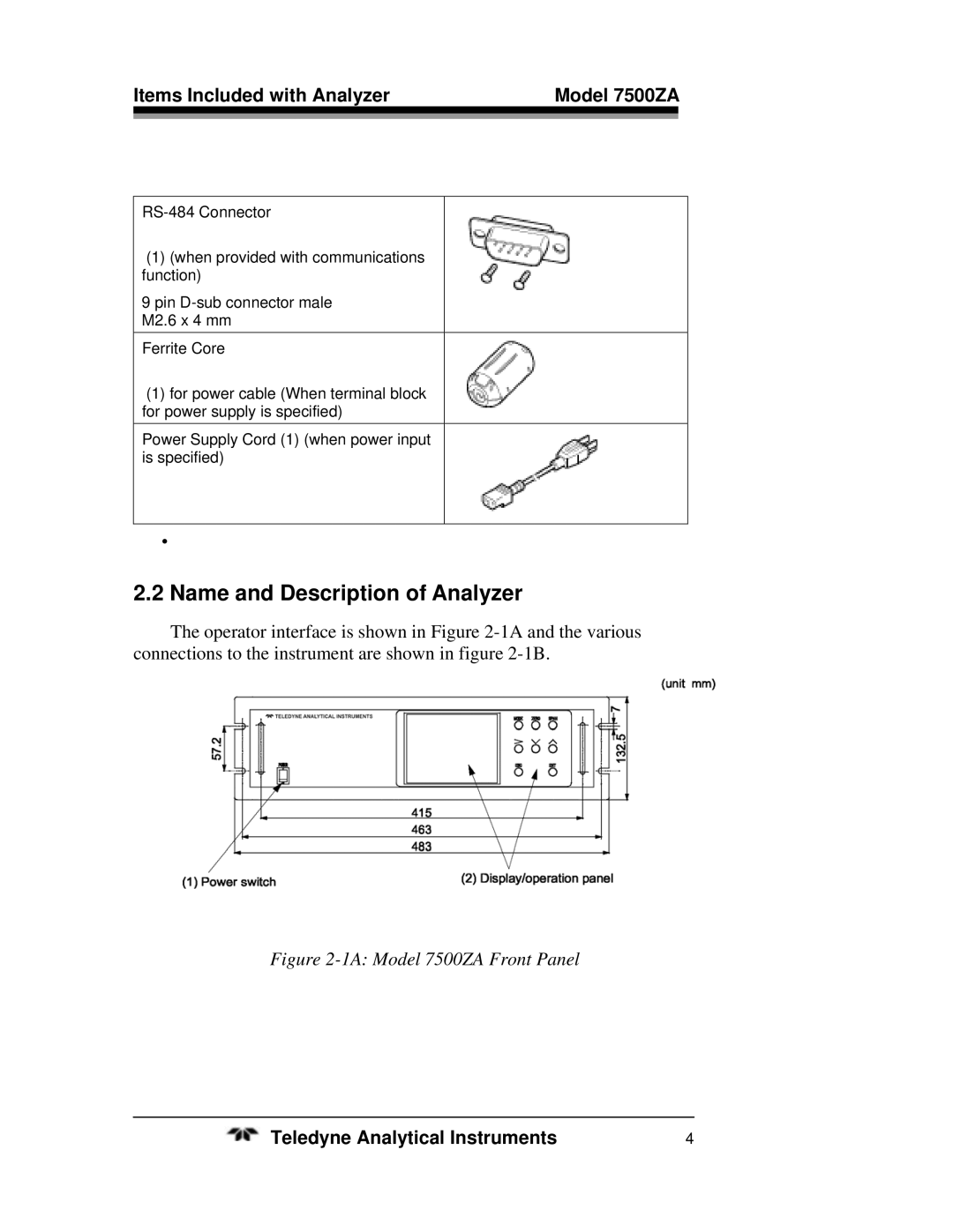 Teledyne operating instructions Name and Description of Analyzer, Items Included with Analyzer Model 7500ZA 