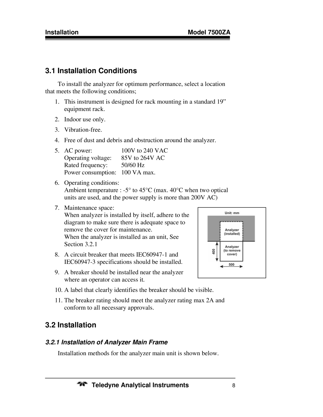 Teledyne operating instructions Installation Conditions, Installation Model 7500ZA, Installation of Analyzer Main Frame 