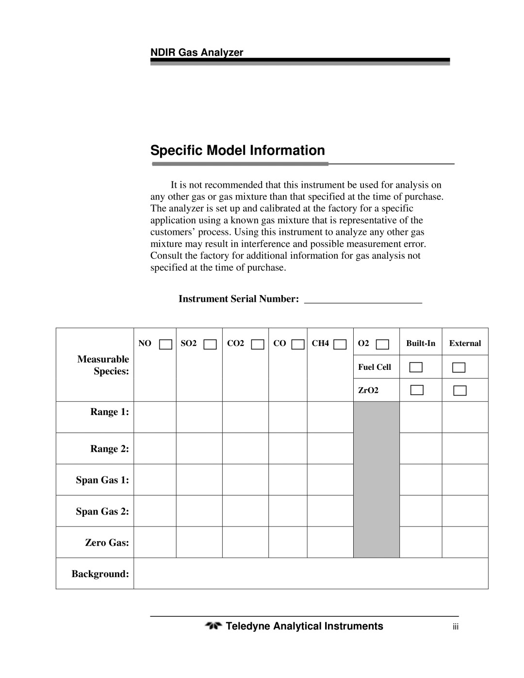 Teledyne 7500ZA operating instructions Specific Model Information, Ndir Gas Analyzer 