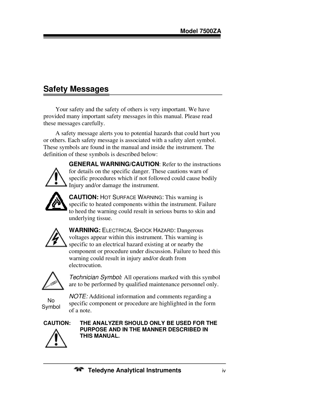 Teledyne 7500ZA operating instructions Safety Messages 