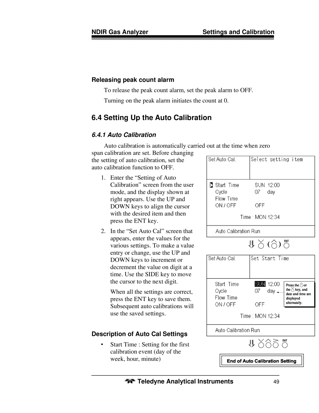 Teledyne 7500ZA operating instructions Setting Up the Auto Calibration, Description of Auto Cal Settings 