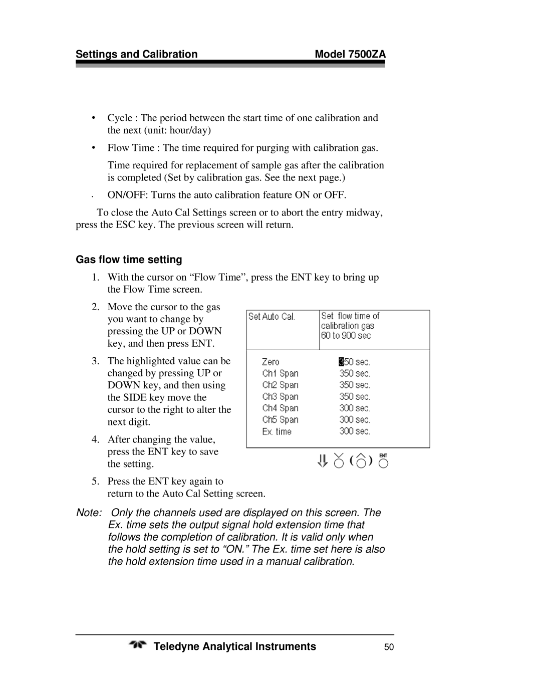 Teledyne operating instructions Settings and Calibration Model 7500ZA, Gas flow time setting 