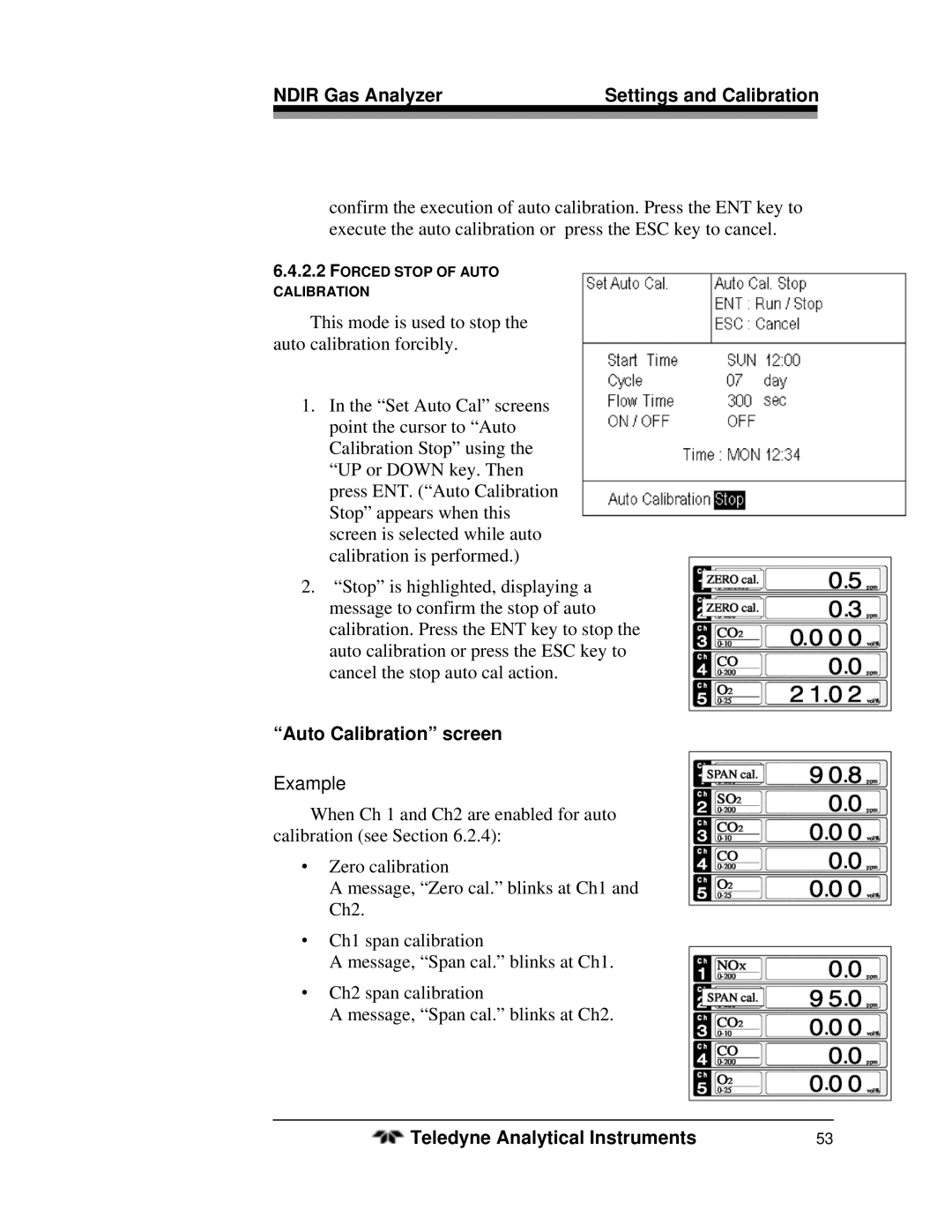 Teledyne 7500ZA operating instructions Auto Calibration screen, Example 