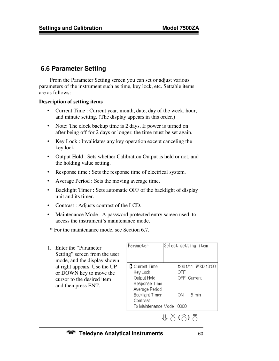 Teledyne 7500ZA operating instructions Parameter Setting, Description of setting items 