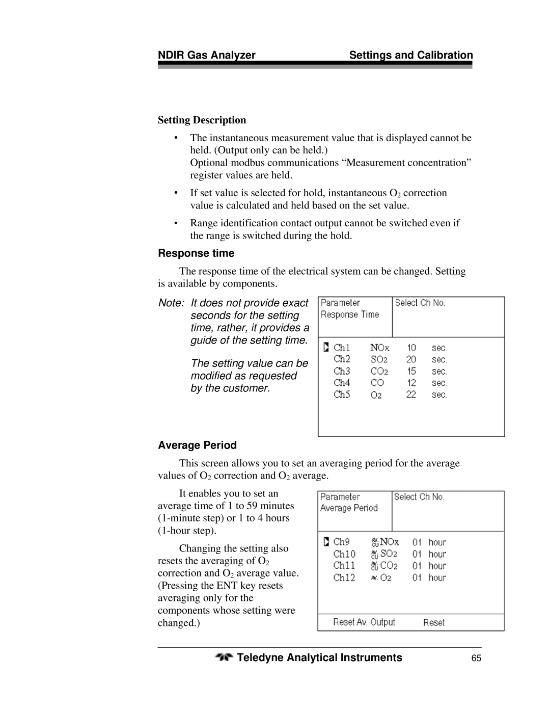 Teledyne 7500ZA operating instructions Setting Description, Response time, Average Period 