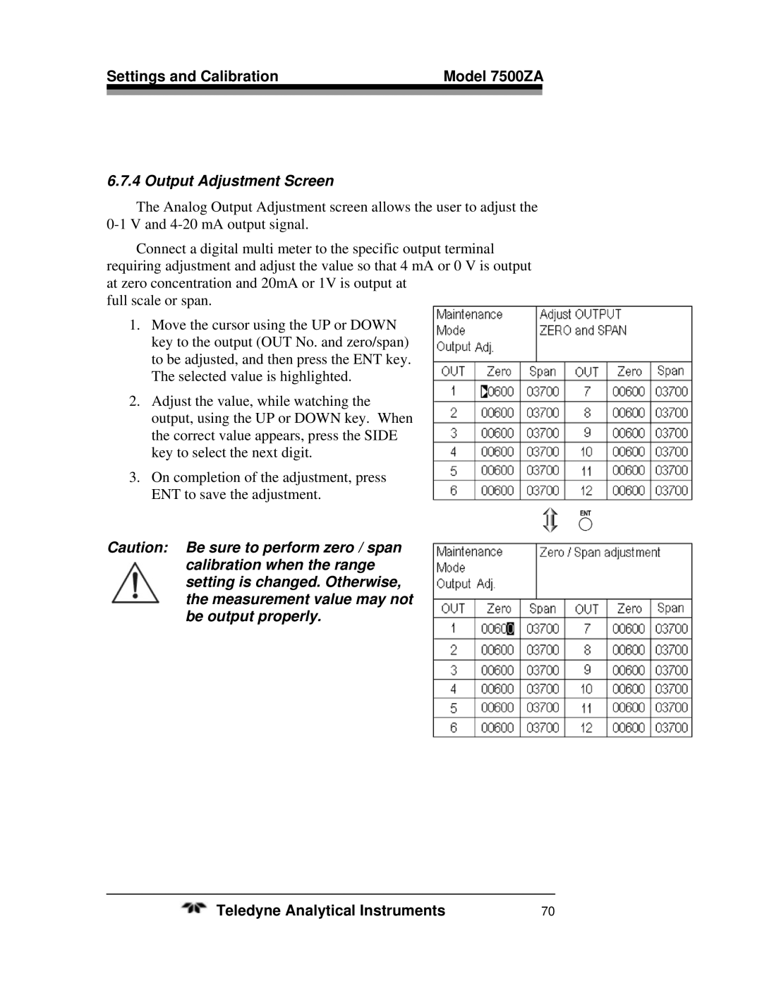 Teledyne 7500ZA operating instructions Output Adjustment Screen 