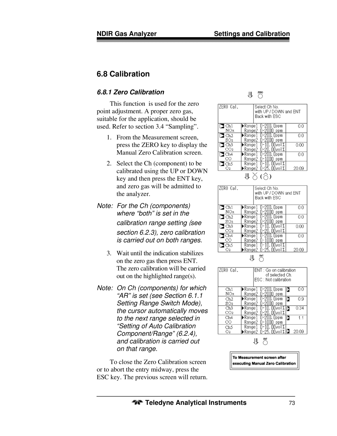 Teledyne 7500ZA operating instructions Zero Calibration 