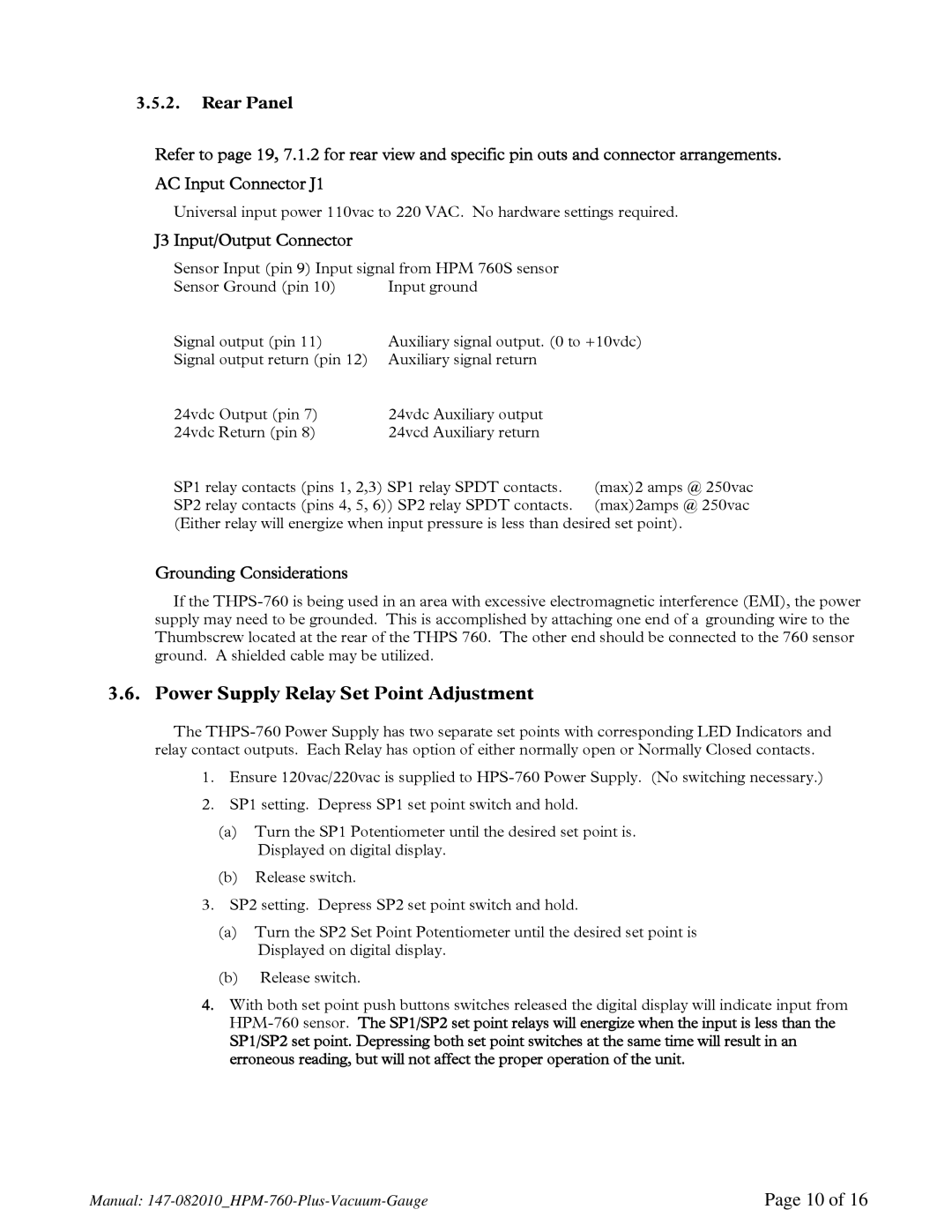 Teledyne 760 PLUS Power Supply Relay Set Point Adjustment, J3 Input/Output Connector, Grounding Considerations 