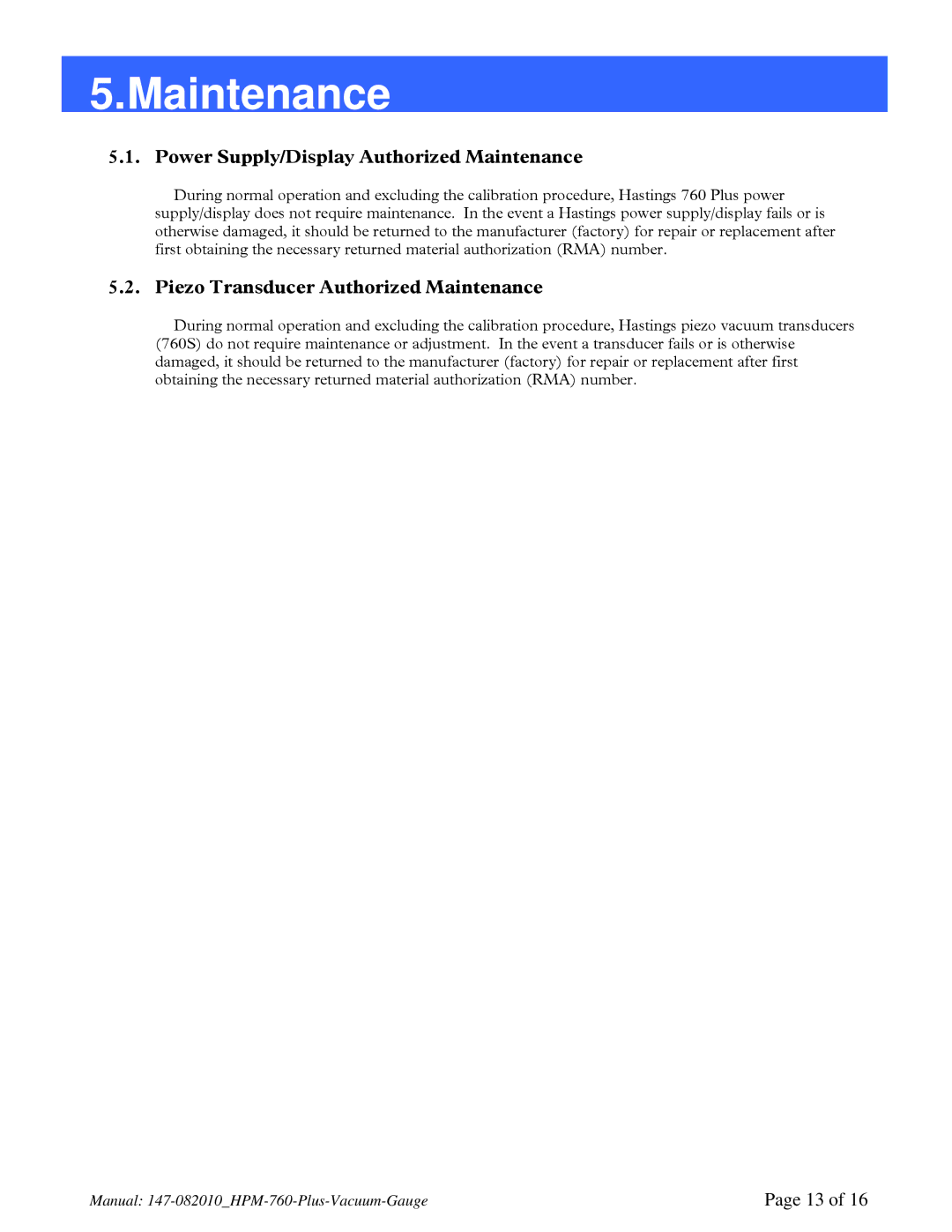 Teledyne 760 PLUS Power Supply/Display Authorized Maintenance, Piezo Transducer Authorized Maintenance 