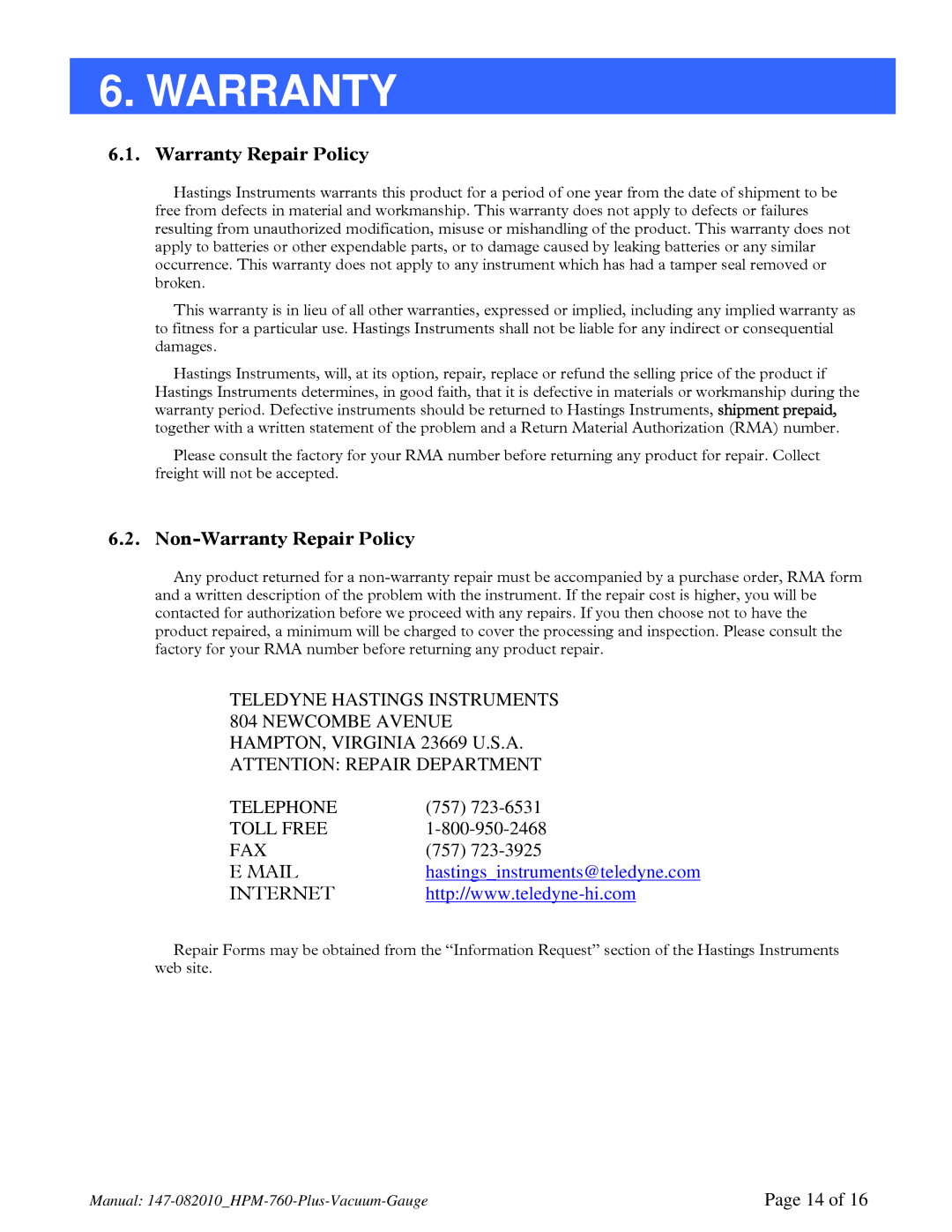 Teledyne 760 PLUS instruction manual Non-Warranty Repair Policy 