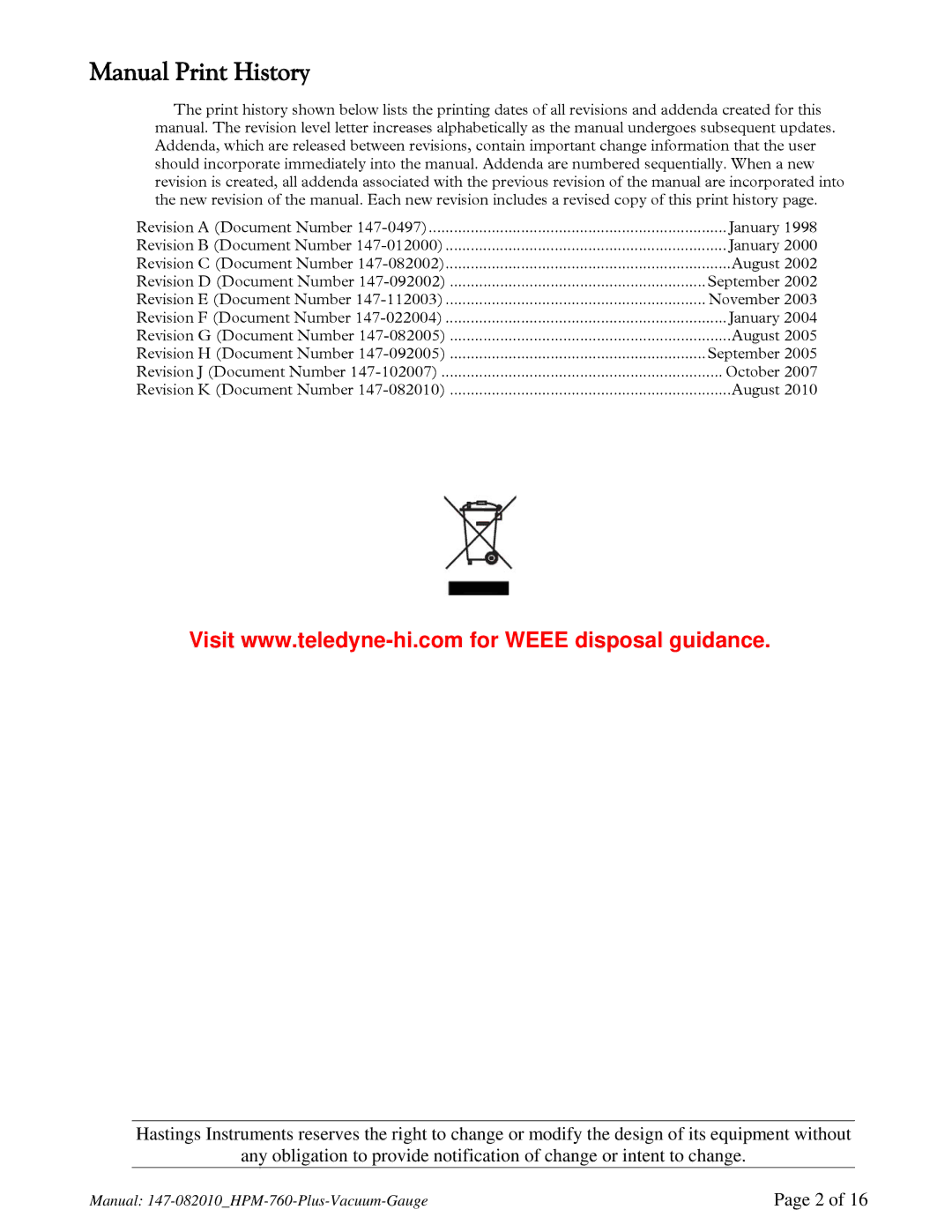 Teledyne 760 PLUS instruction manual Manual Print History 