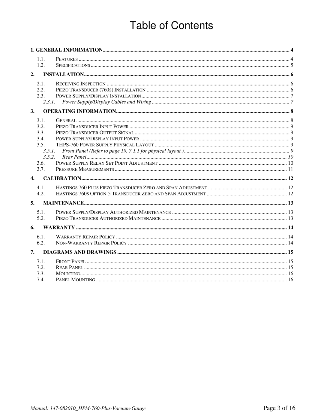 Teledyne 760 PLUS instruction manual Table of Contents 