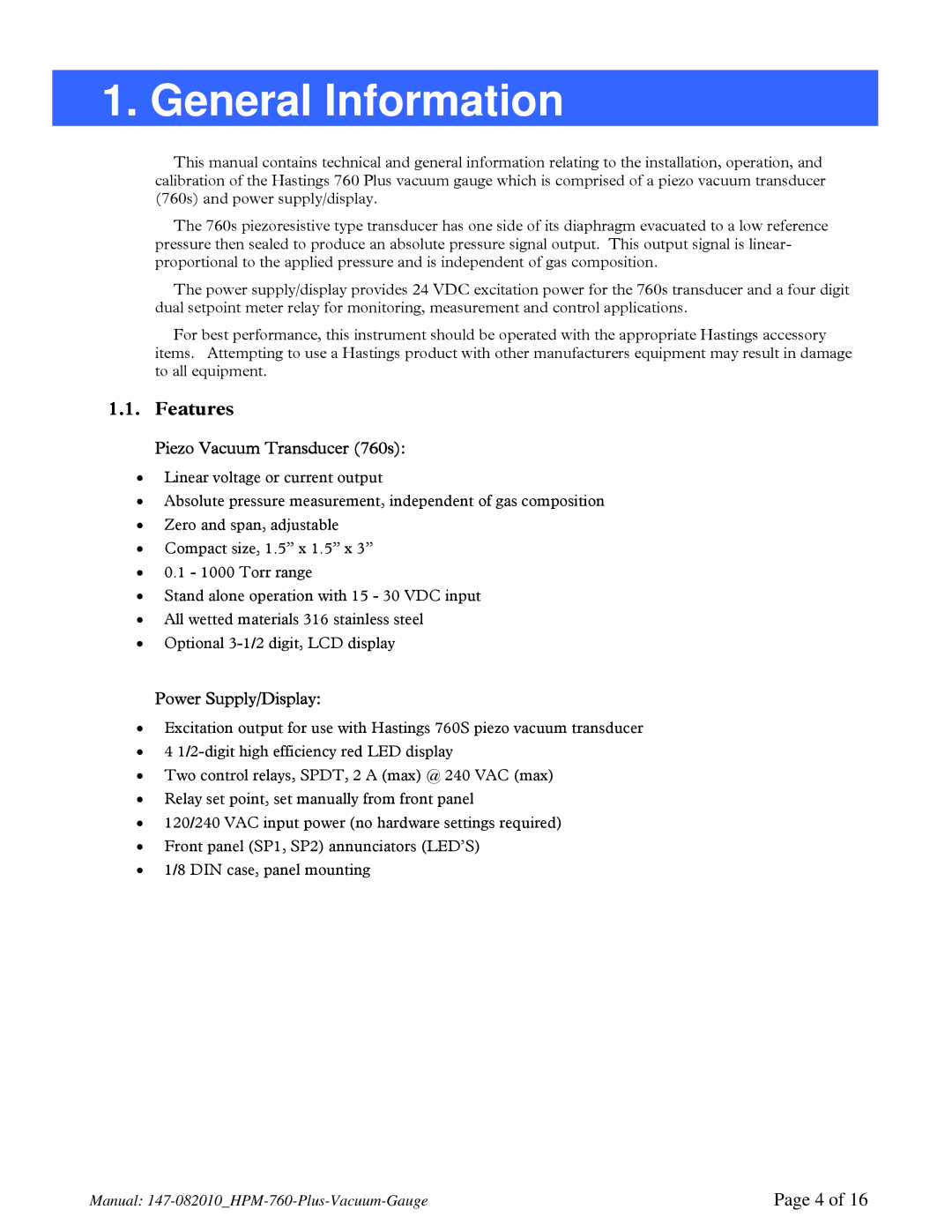 Teledyne 760 PLUS instruction manual General Information, Features, Piezo Vacuum Transducer 760s, Power Supply/Display 