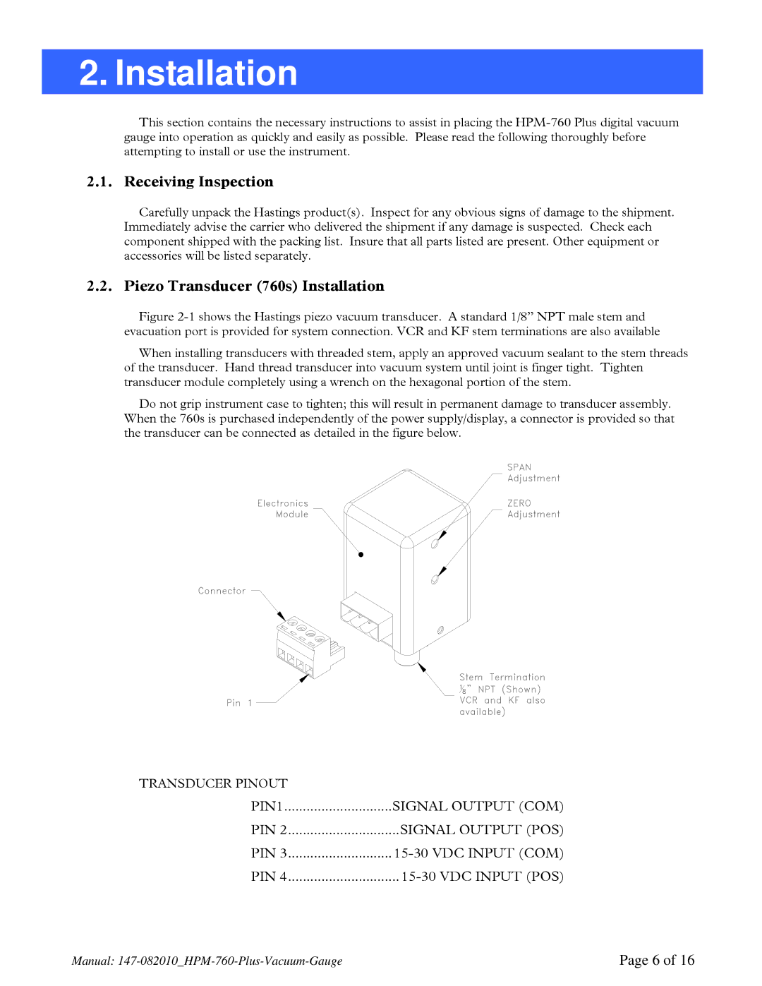 Teledyne 760 PLUS instruction manual Receiving Inspection, Piezo Transducer 760s Installation 