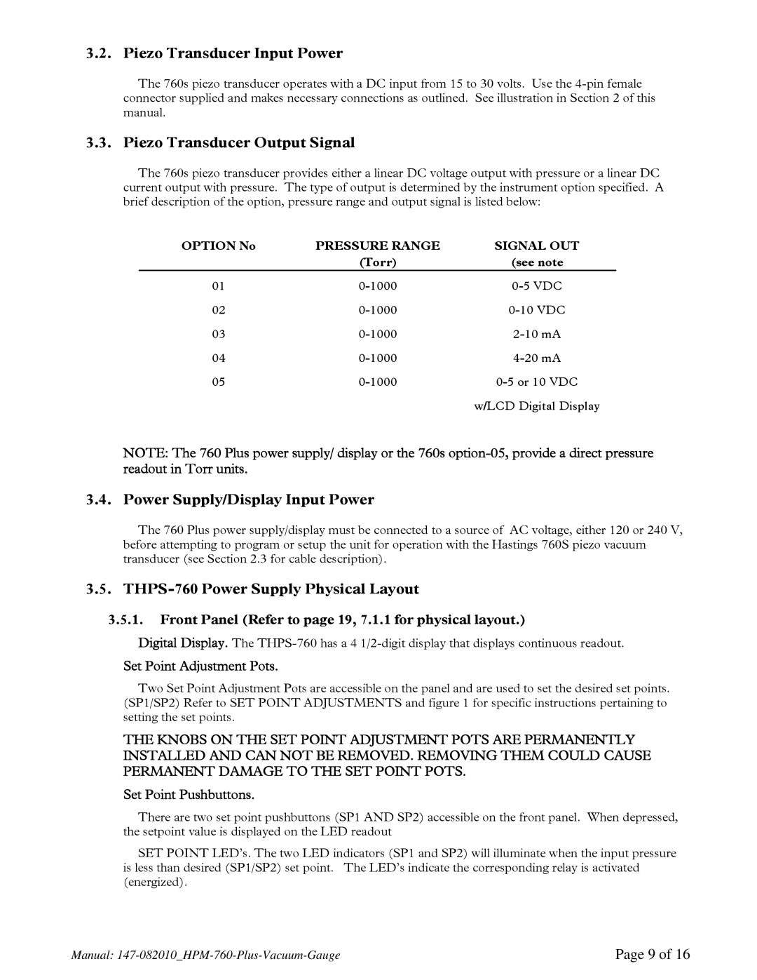 Teledyne 760 PLUS Piezo Transducer Input Power, Piezo Transducer Output Signal, Power Supply/Display Input Power 