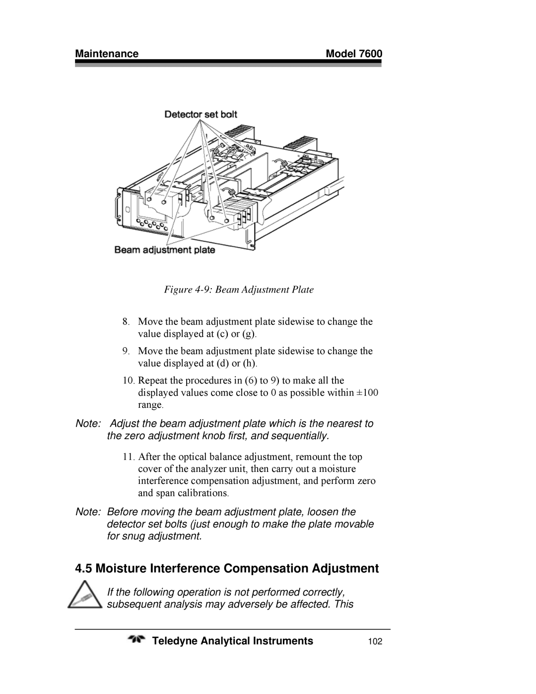 Teledyne 7600 operating instructions Moisture Interference Compensation Adjustment, Beam Adjustment Plate 