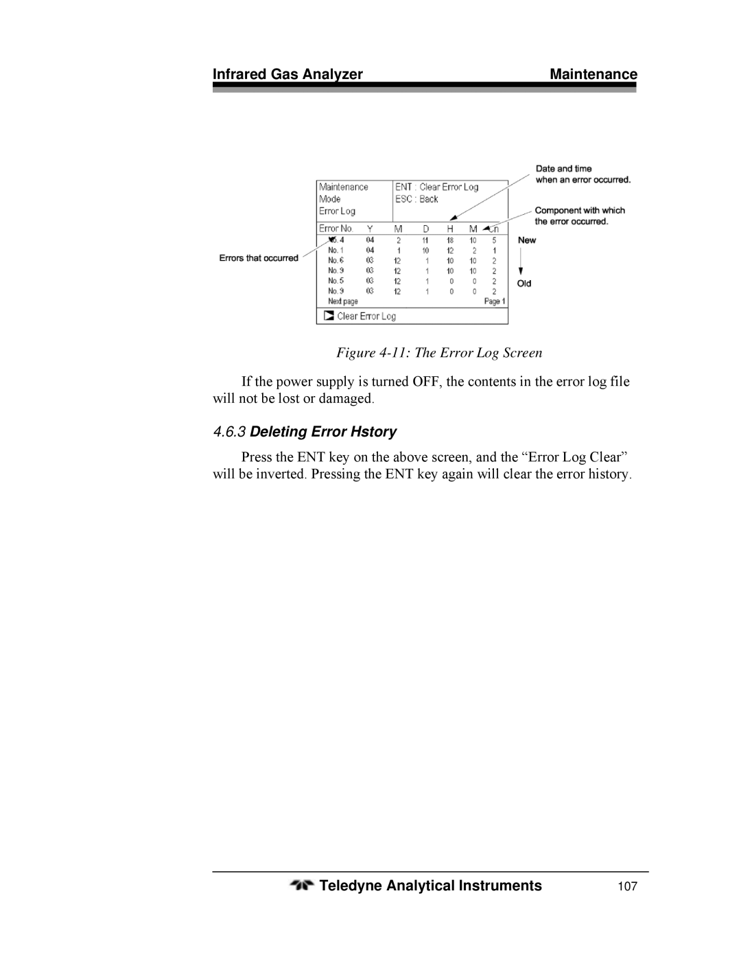 Teledyne 7600 operating instructions The Error Log Screen, Deleting Error Hstory 