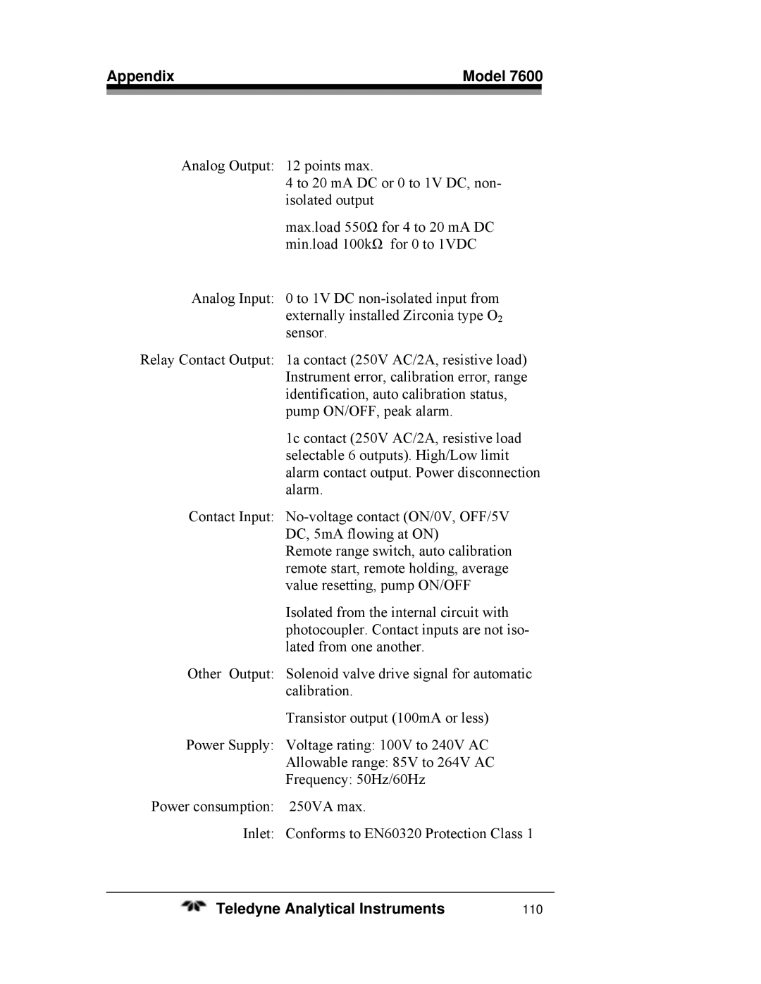 Teledyne 7600 operating instructions Appendix Model 