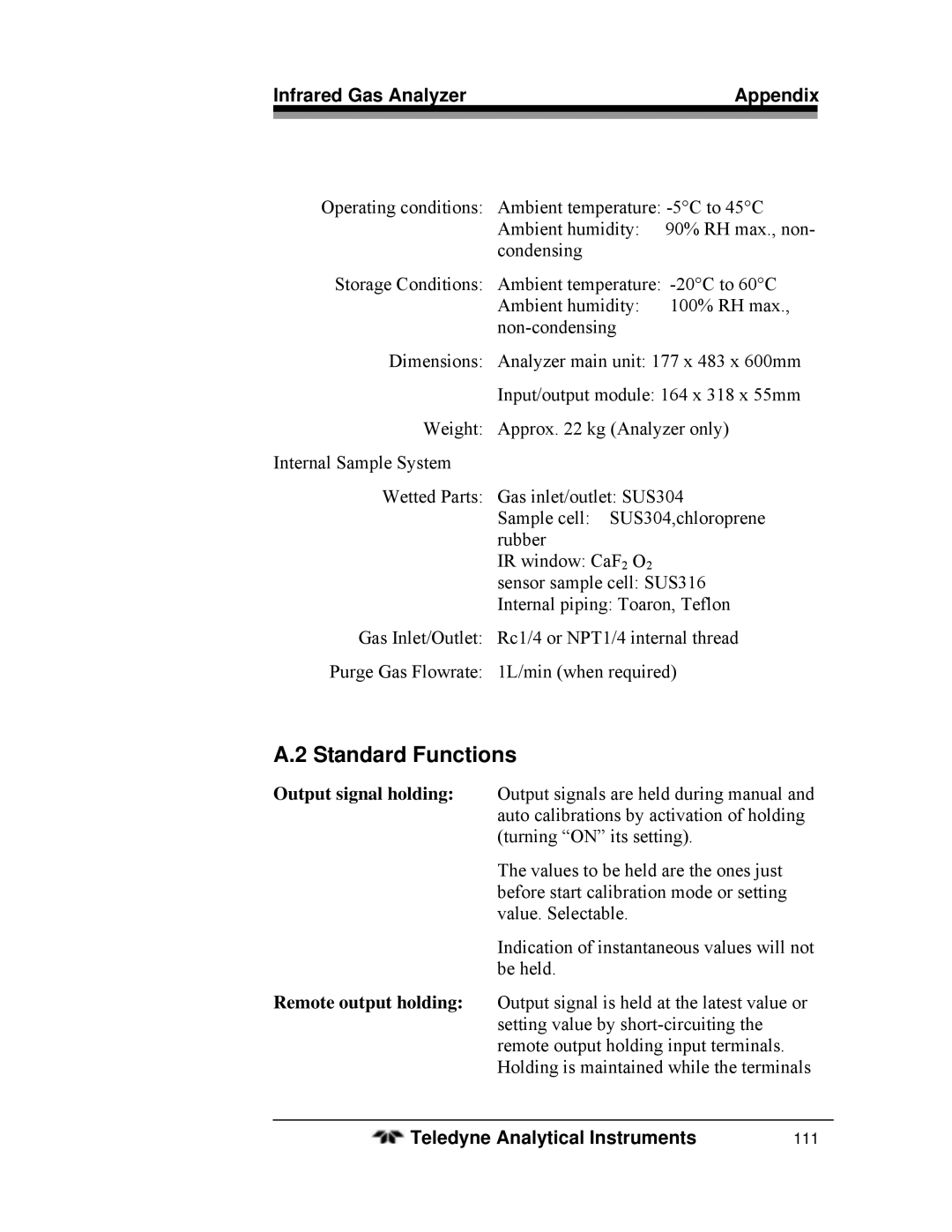 Teledyne 7600 operating instructions Standard Functions 