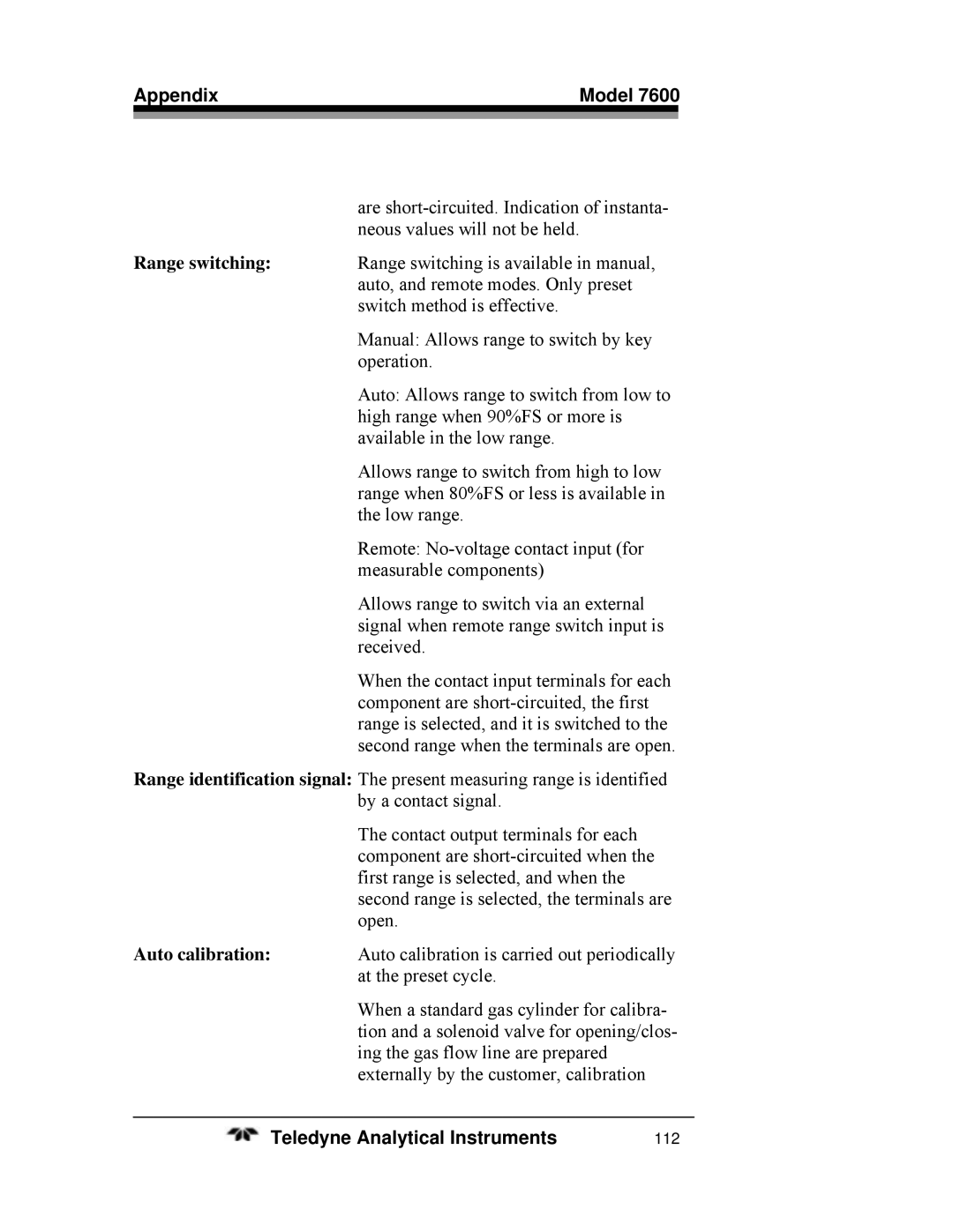 Teledyne 7600 operating instructions 112 