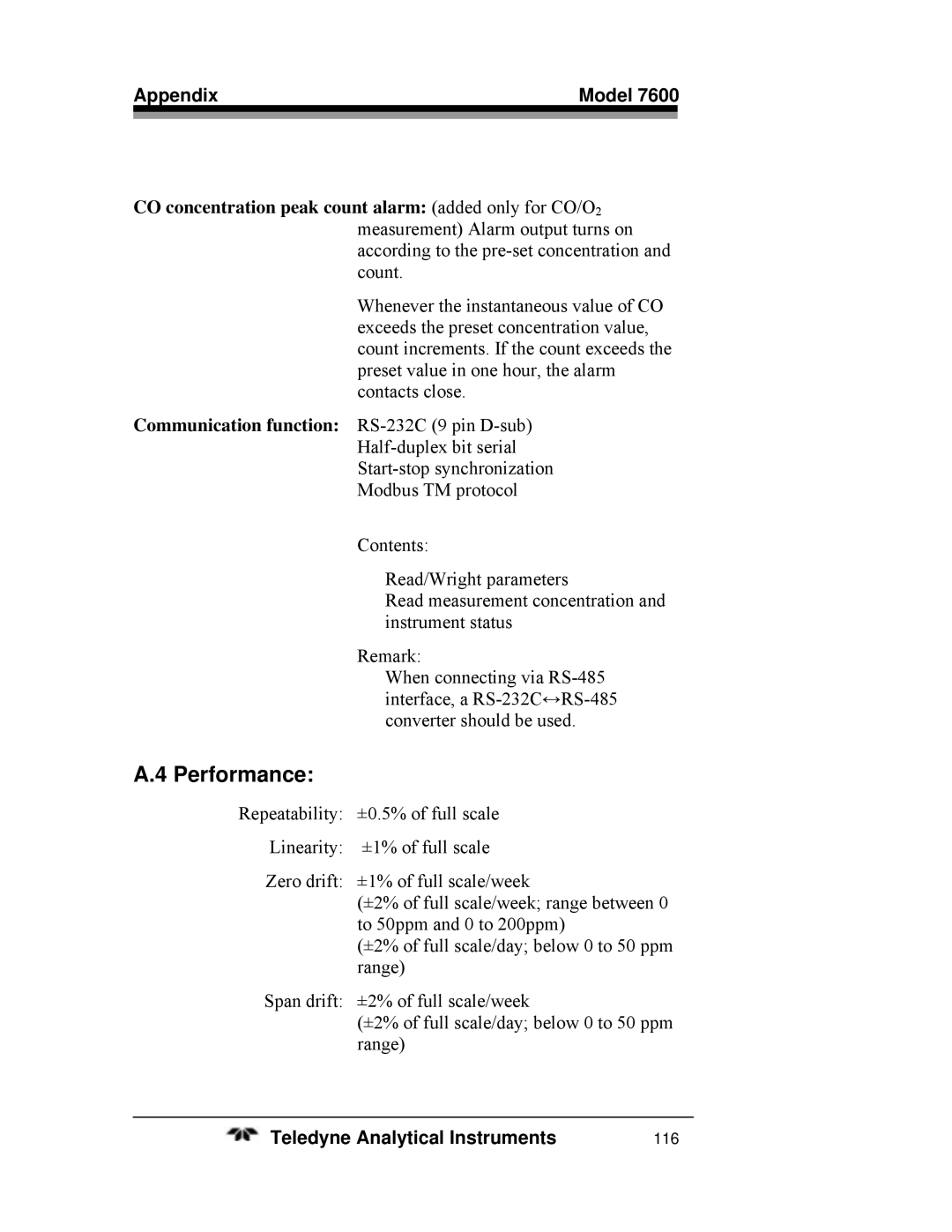 Teledyne 7600 operating instructions Performance 