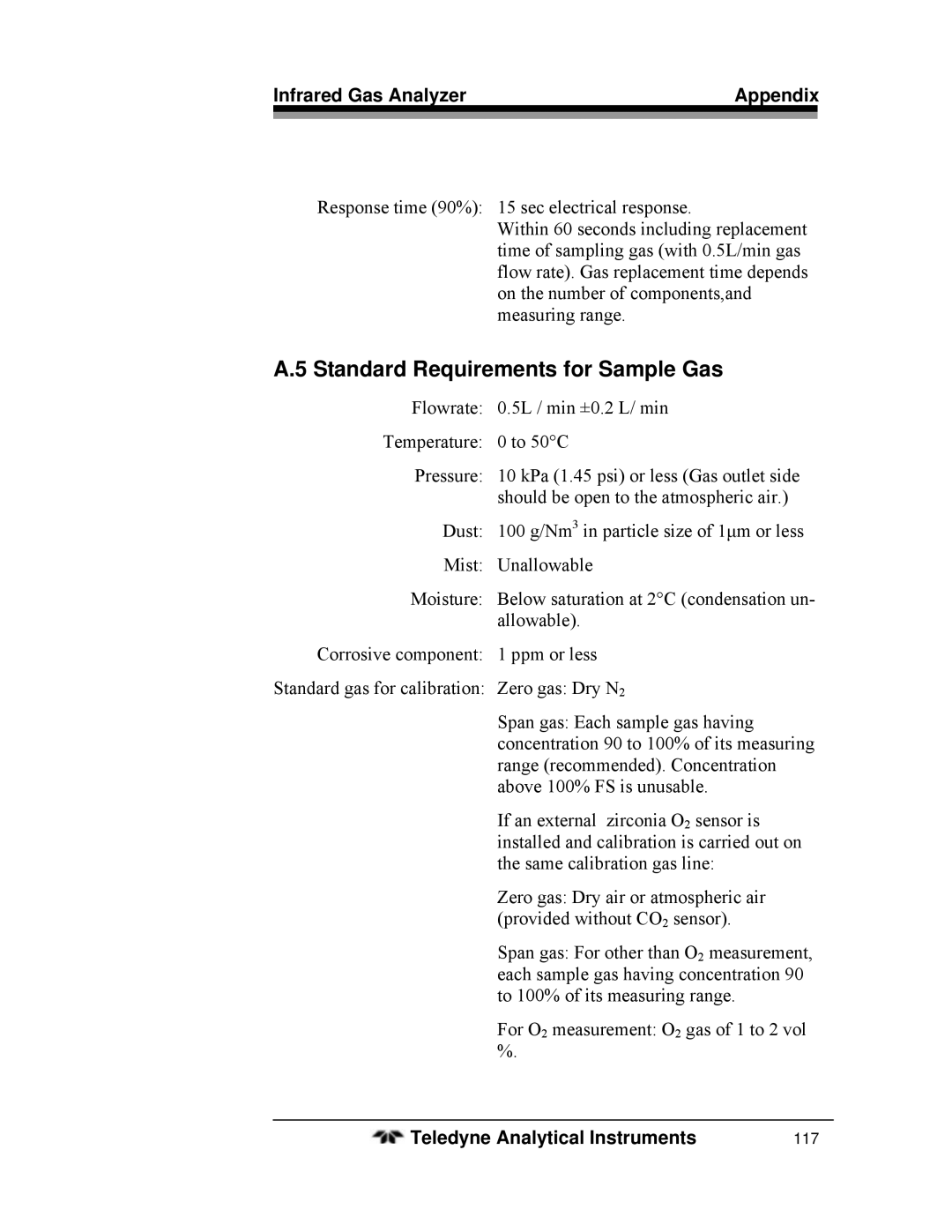 Teledyne 7600 operating instructions Standard Requirements for Sample Gas 