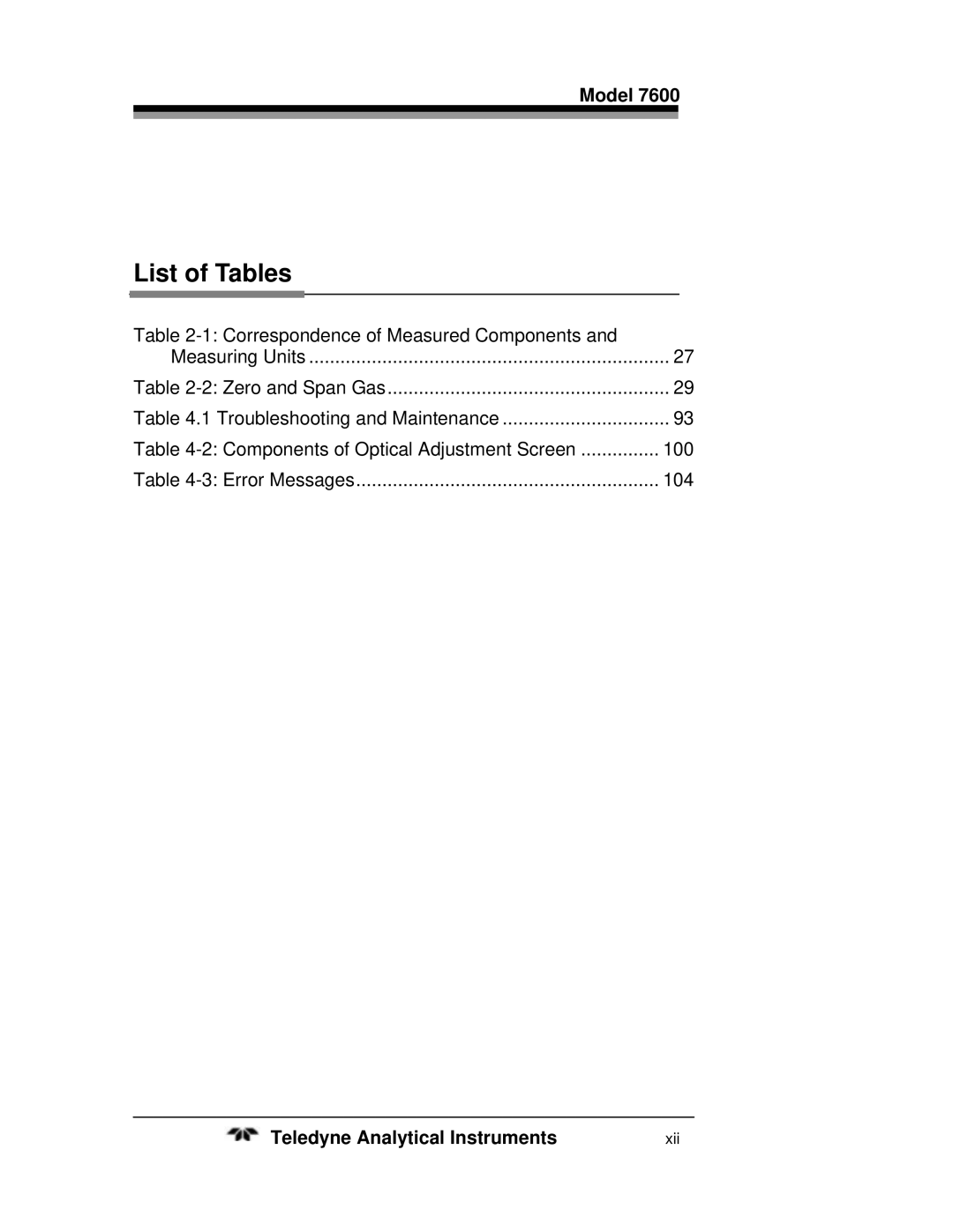 Teledyne 7600 operating instructions List of Tables 