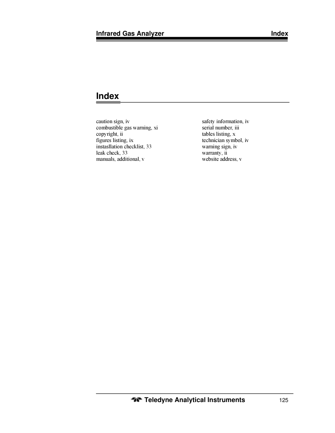 Teledyne 7600 operating instructions Index 