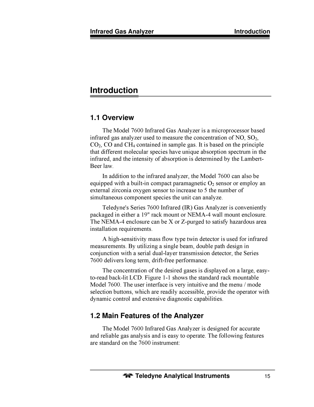 Teledyne 7600 operating instructions Introduction, Overview, Main Features of the Analyzer 