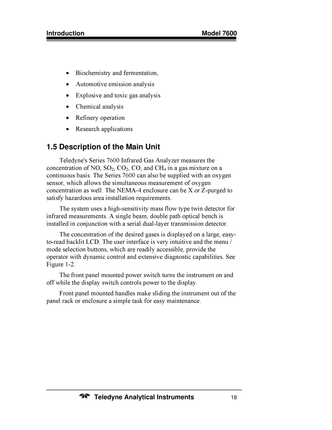 Teledyne 7600 operating instructions Description of the Main Unit 