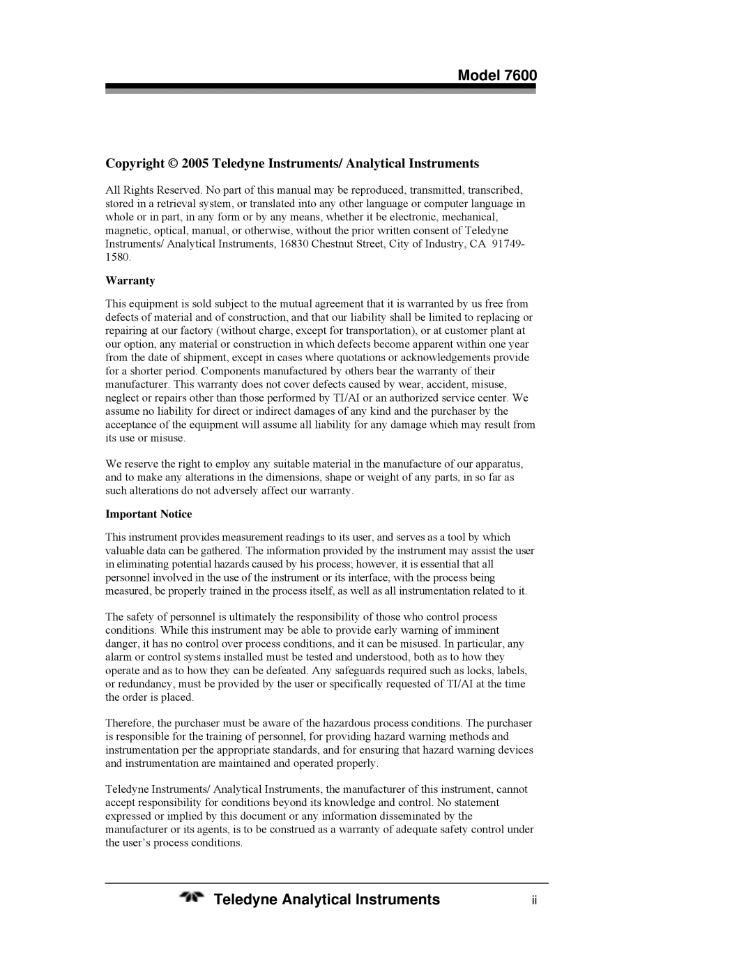 Teledyne 7600 operating instructions Model 