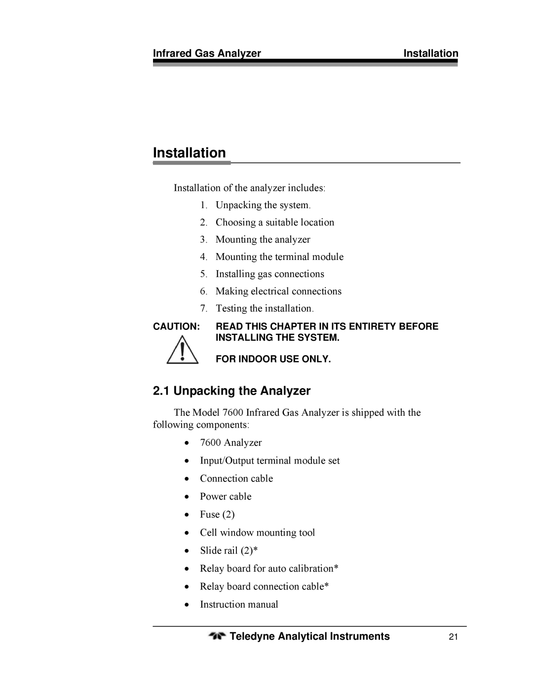 Teledyne 7600 operating instructions Installation, Unpacking the Analyzer 