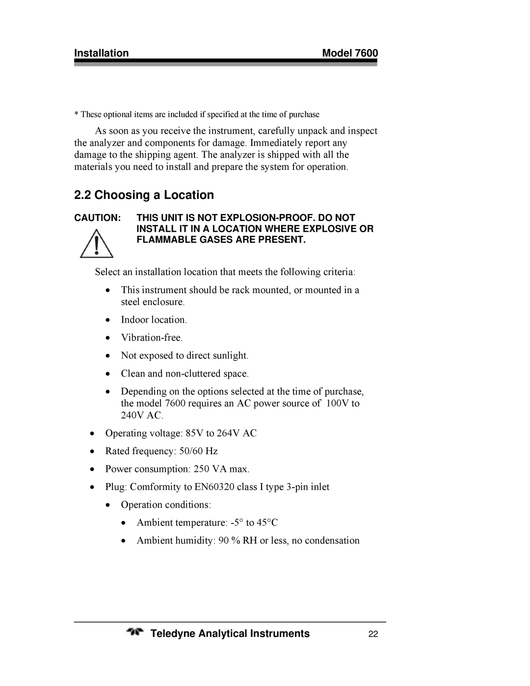 Teledyne 7600 operating instructions Choosing a Location, Installation Model 