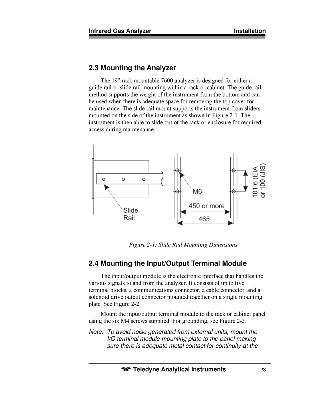 Teledyne 7600 operating instructions Mounting the Analyzer, Mounting the Input/Output Terminal Module 