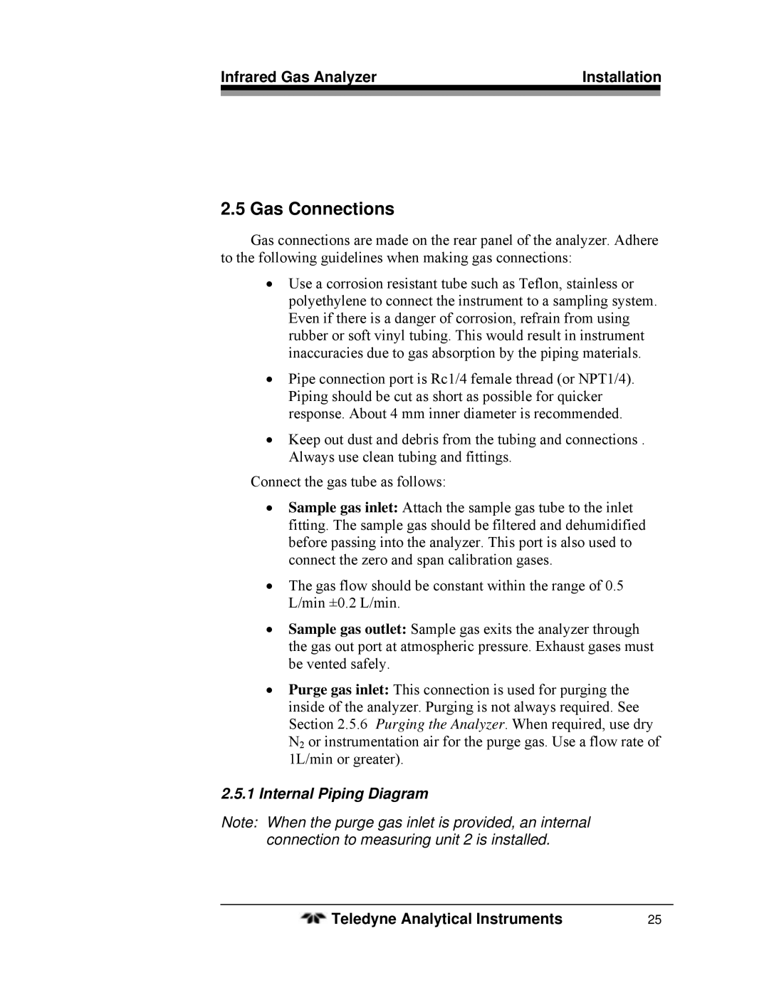 Teledyne 7600 operating instructions Gas Connections, Internal Piping Diagram 