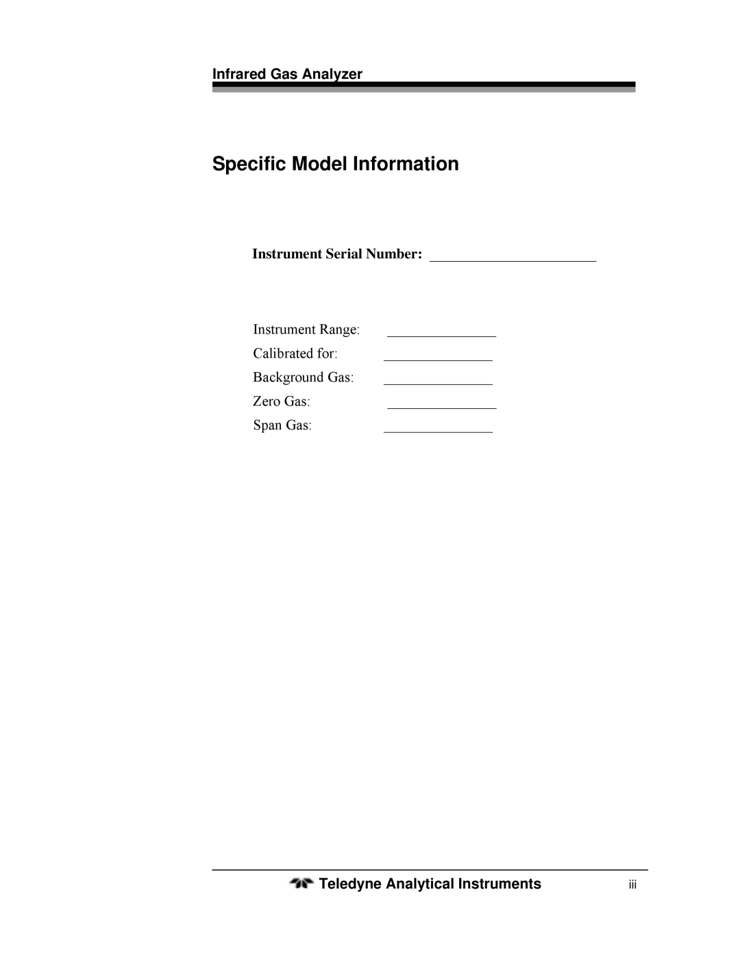 Teledyne 7600 operating instructions Specific Model Information, Instrument Serial Number 