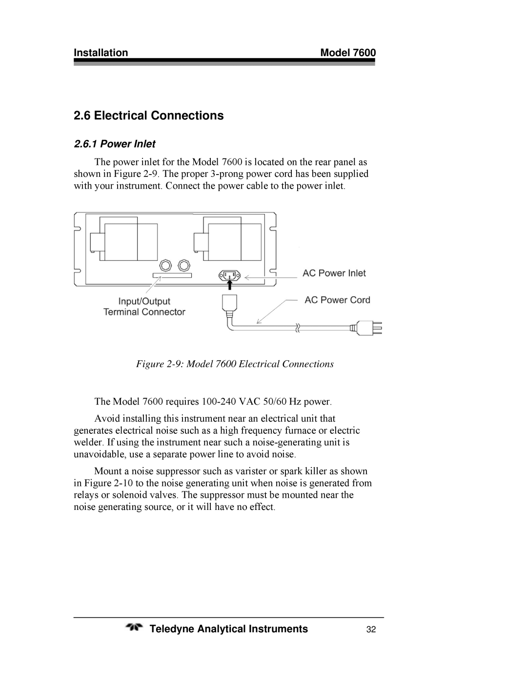 Teledyne 7600 operating instructions Electrical Connections, Power Inlet 