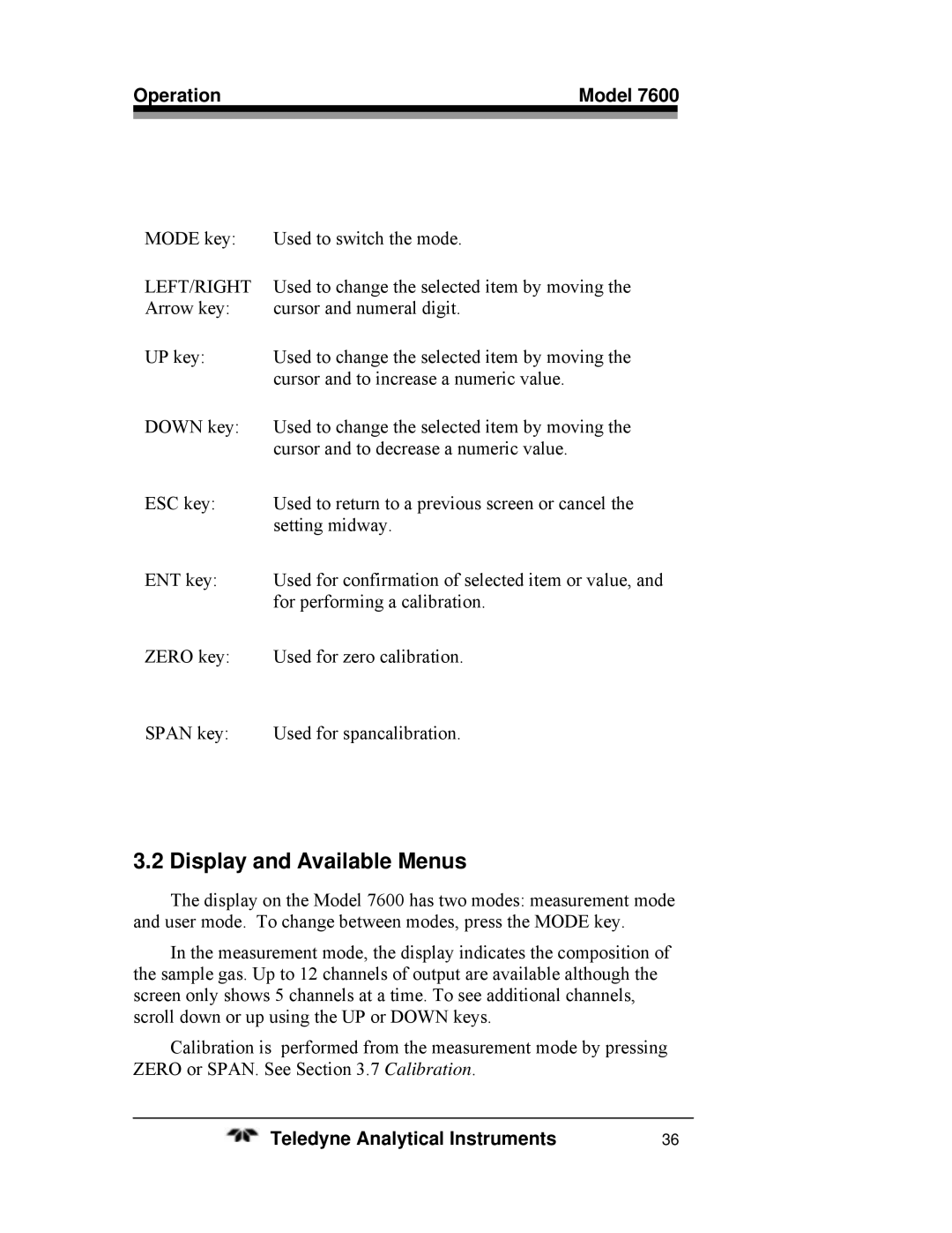 Teledyne 7600 operating instructions Display and Available Menus, Operation Model 