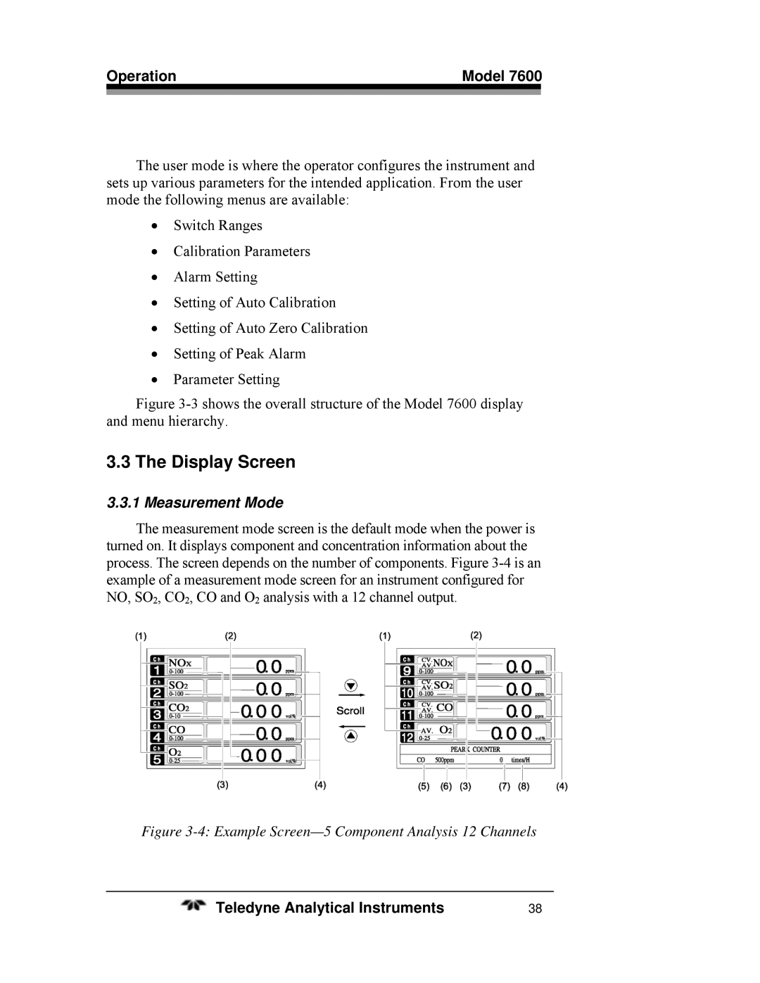 Teledyne 7600 operating instructions Display Screen, Measurement Mode 
