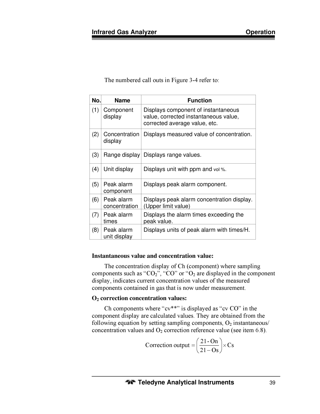Teledyne 7600 operating instructions Instantaneous value and concentration value, O2 correction concentration values 