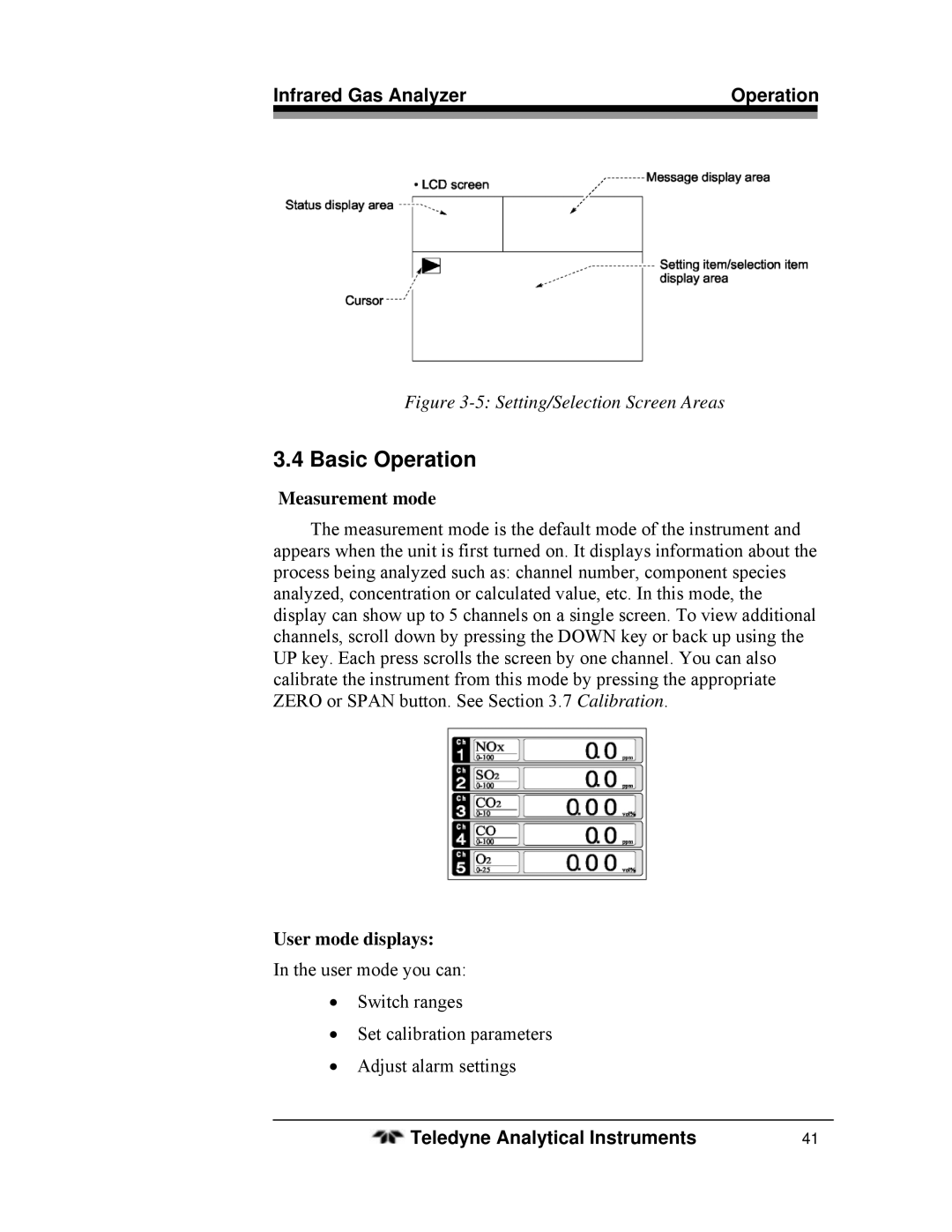 Teledyne 7600 operating instructions Basic Operation, Measurement mode, User mode displays 